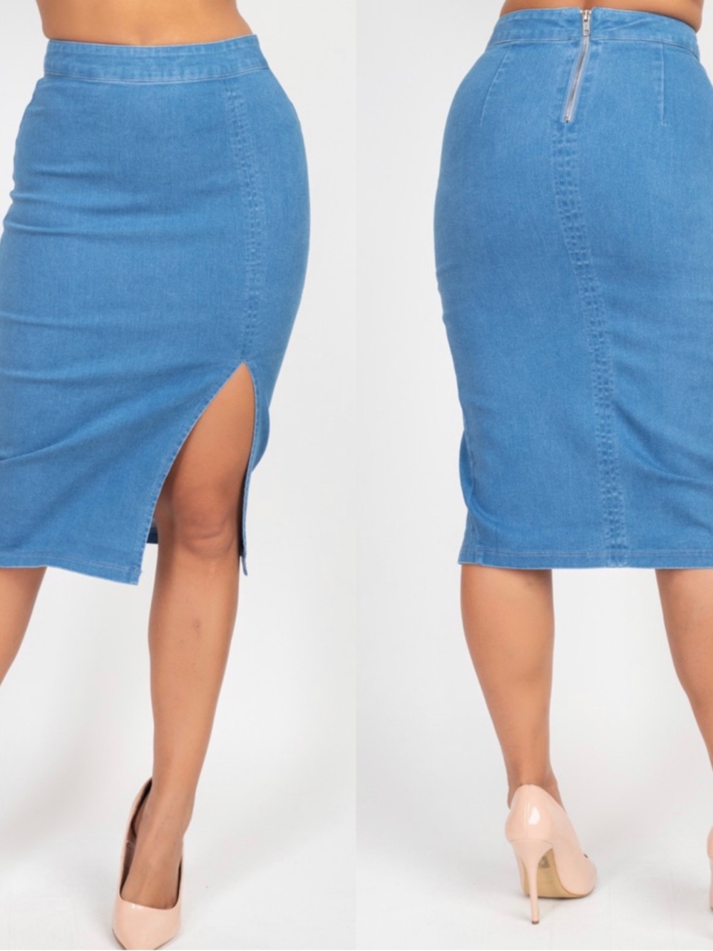 Haute Monde Blue Denim Midi Pencil Skirt with Front Slit - Picture 8 of 12